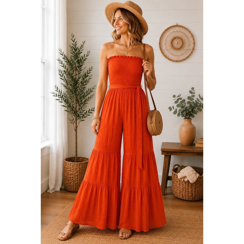 HYFVE Orange Smocked Wide Leg Jumpsuit Bell Leg Sleeveless Tie Waist Medium NWT